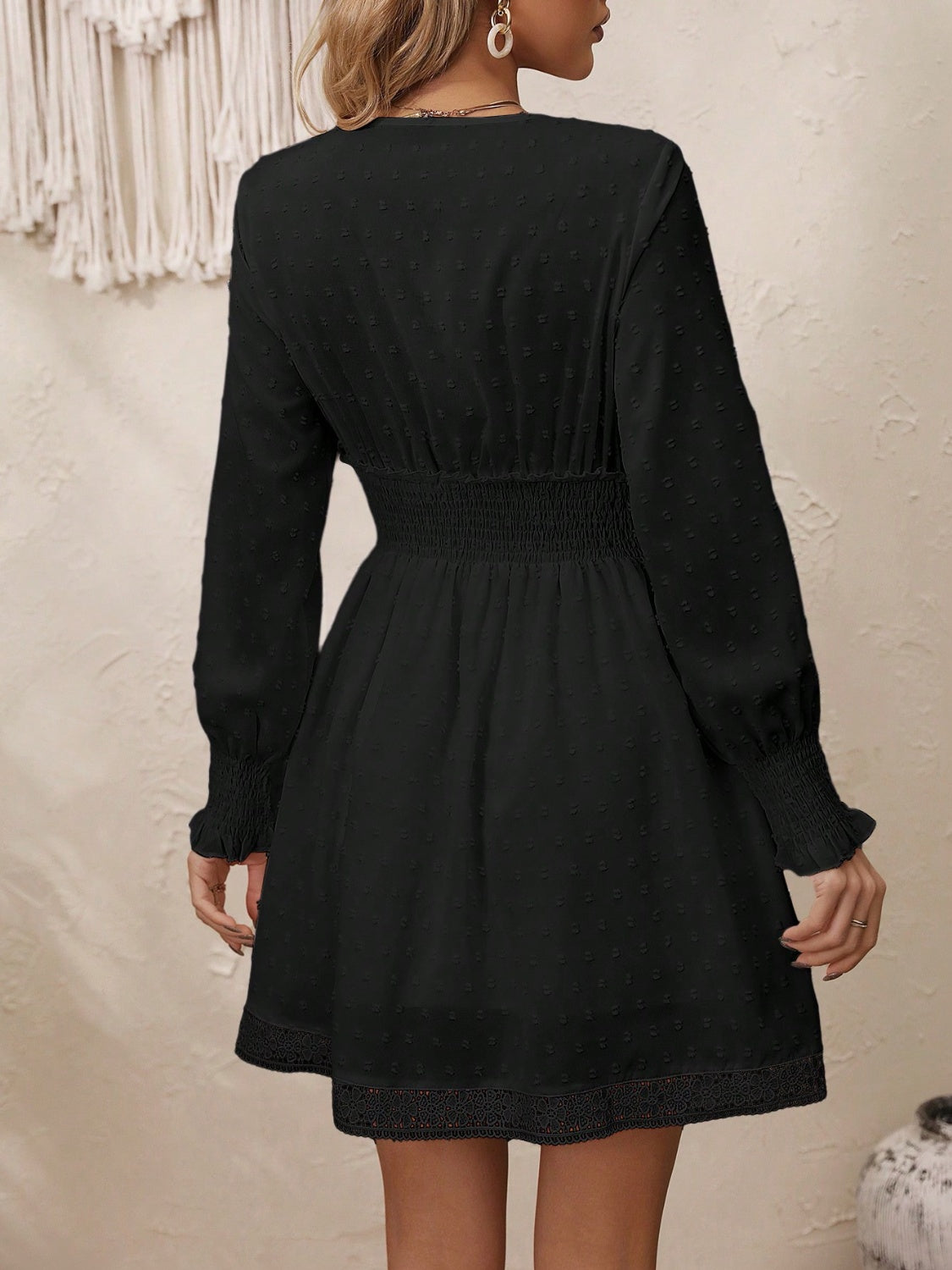 Lace Detail V-Neck Long Sleeve Dress - Taboochic