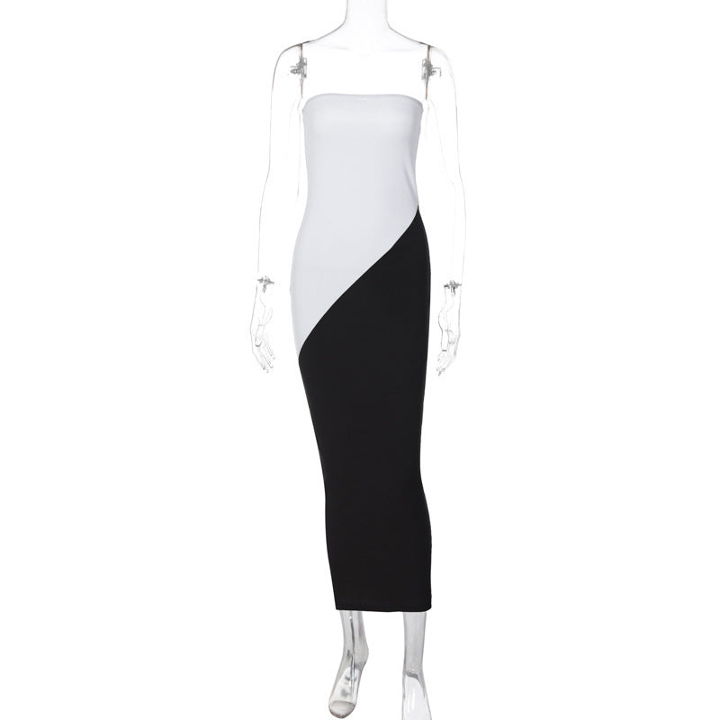 Women's Color Contrast Patchwork Bandeau Slim-fit Off-Shoulder Dress