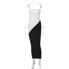 Women's Color Contrast Patchwork Bandeau Slim-fit Off-Shoulder Dress