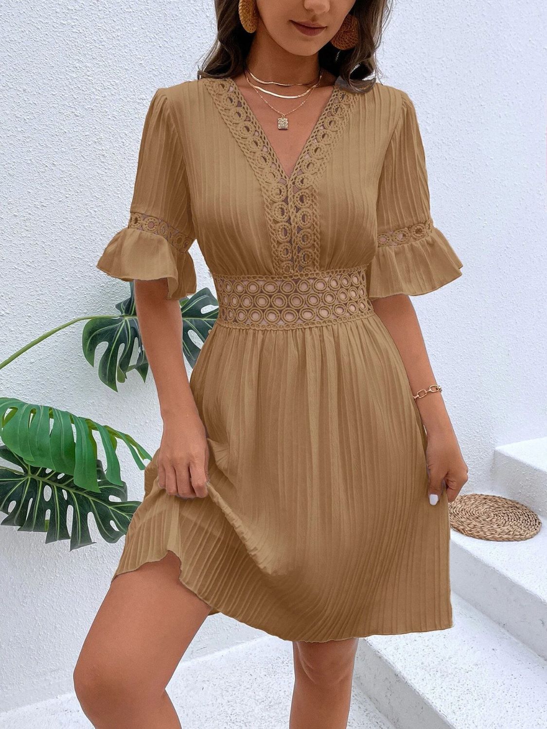 Cutout V-Neck Flounce Sleeve Mini Dress - Taboochic