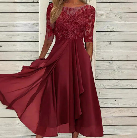 Chiffon Stitching Lace Hollow-out Dress Bridesmaid Evening Formal Midi Dress