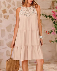 Summer Halterneck A-line With Flower Hollow Lace Design Sleeveless Dress
