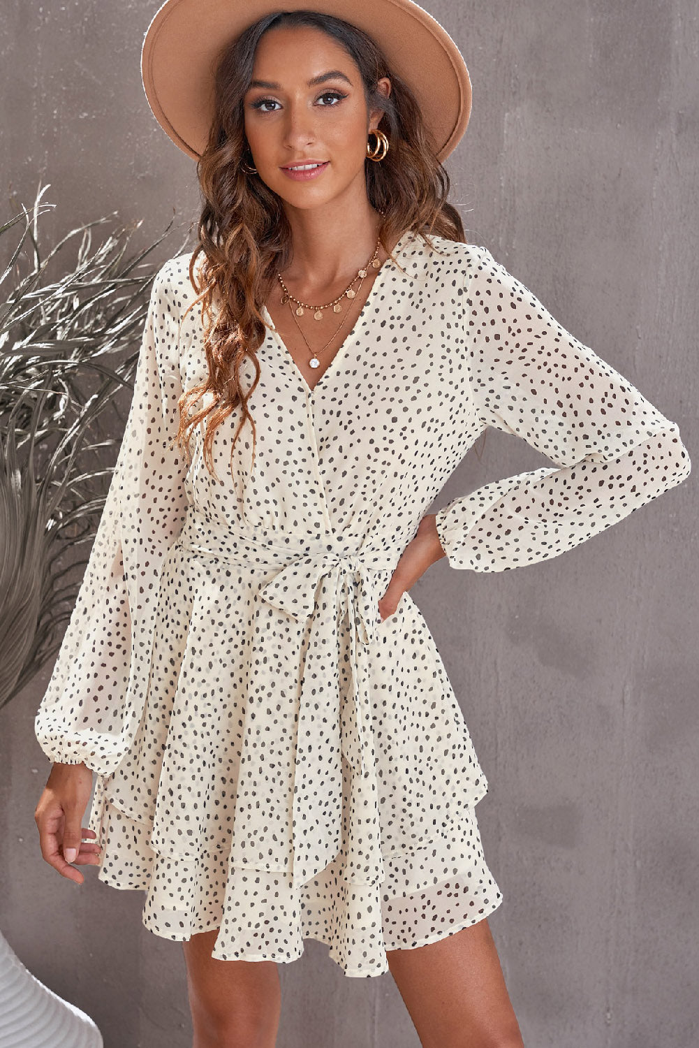 Tied Polka Dot Balloon Sleeve Layered Dress - Taboochic