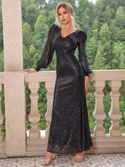 Sequin V-Neck Lantern Sleeve Maxi Dress - Taboochic
