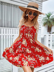 Floral Print Suspender Strap Dress With Elastic Waist Design