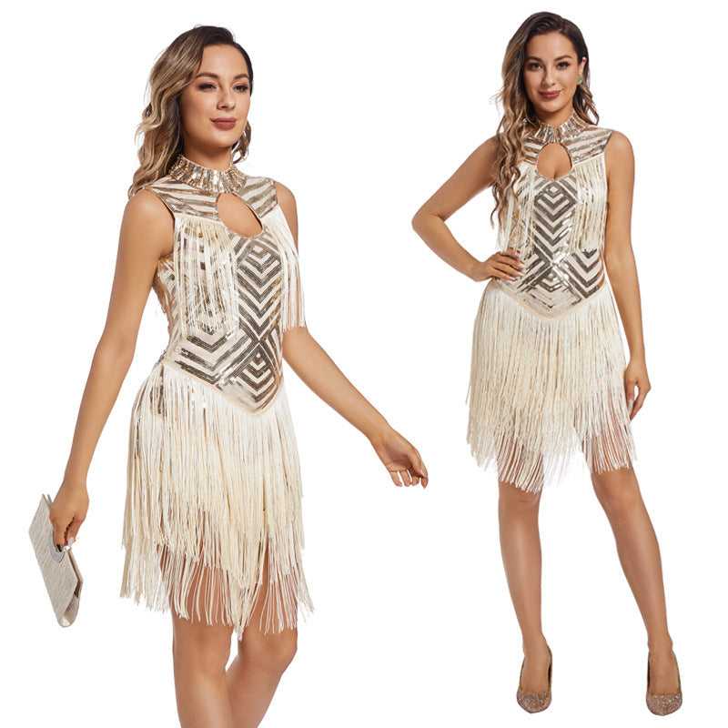 Ladies Tassel Sequins Retro Party Mini Dress