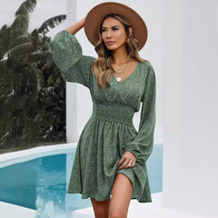 Polka Print Long Sleeve V Neck Lantern Pleated Waist Slim A-line Mini Dress