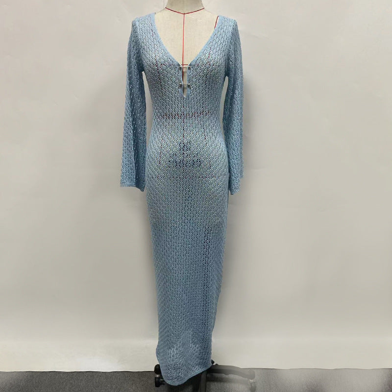 Solid Color Knitted Hollow-out Blouse Sun-proof Long Sleeve Dress