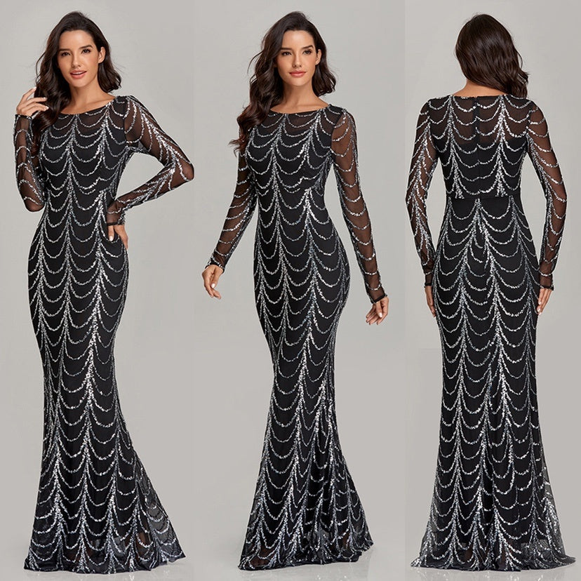 Sequins Women Maxi Dresses Long Sleeve Female Party Dress