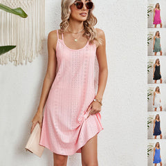 Summer Solid Color Round Neck Suspender Strap Dress