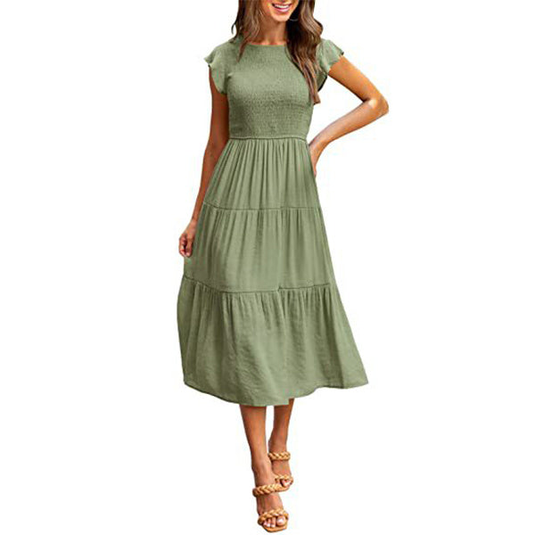 Holiday Style High Waist Ruffled Sleeve A-line Short Sleeve Midi Dress