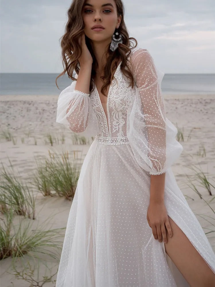 Beach Boho V-Neck Tulle Wedding Long Dress