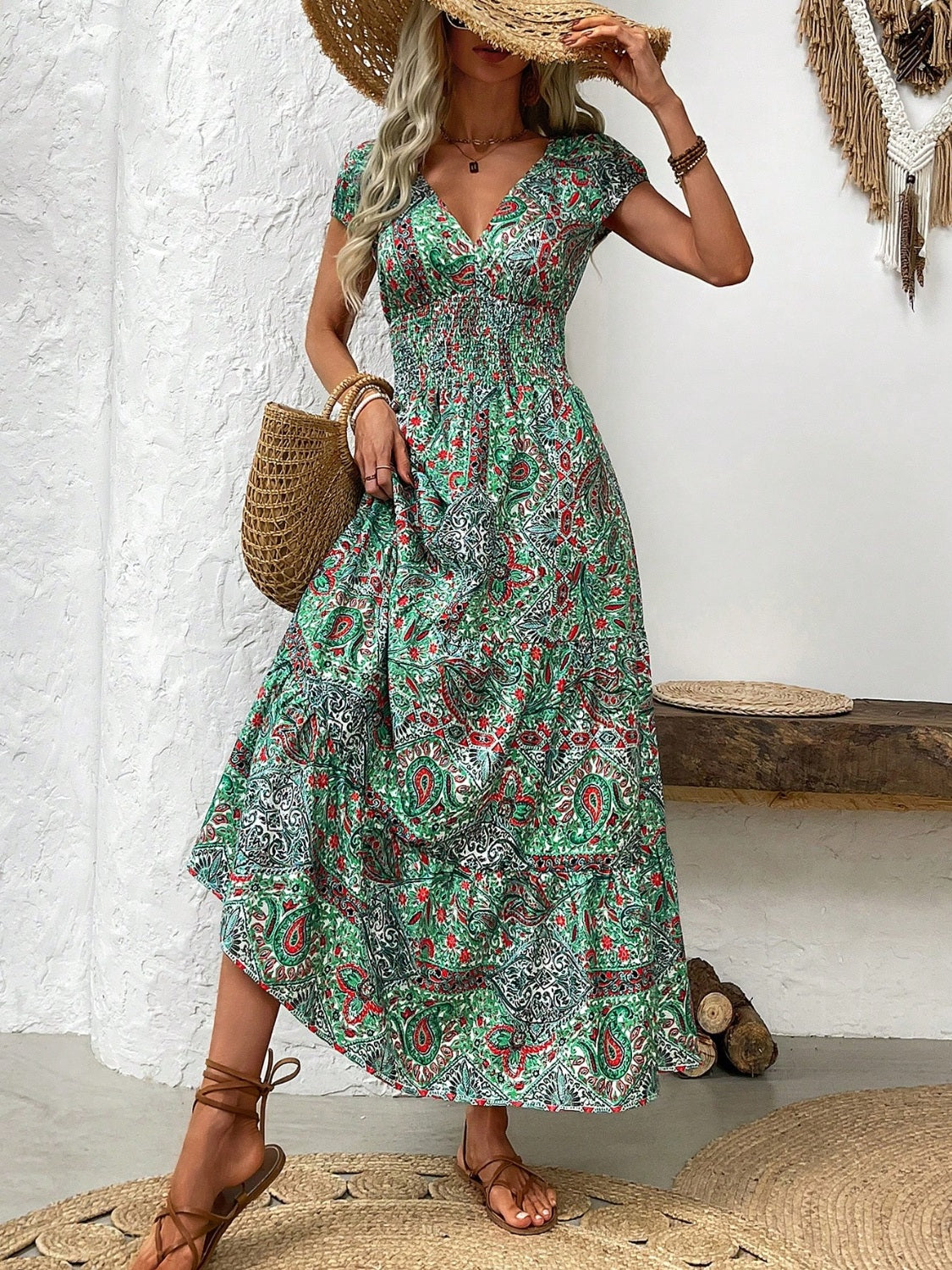 Smocked Printed Cap Sleeve Midi Dress - Taboochic