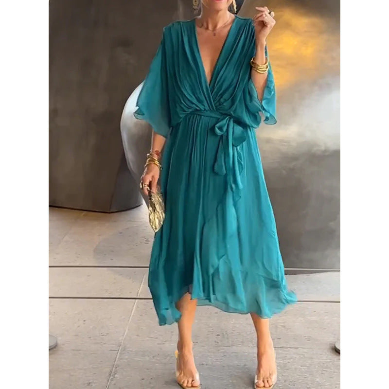 Batwing Sleeve V-neck half sleeve Midi Dress