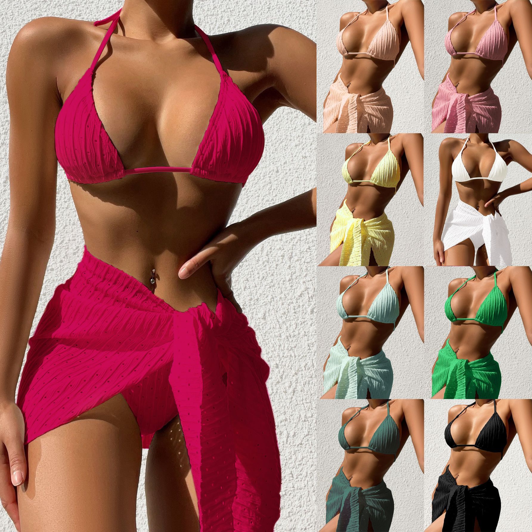 3pcs Swimsuit Set Beach Solid Color  Bikini With Mesh Skirt