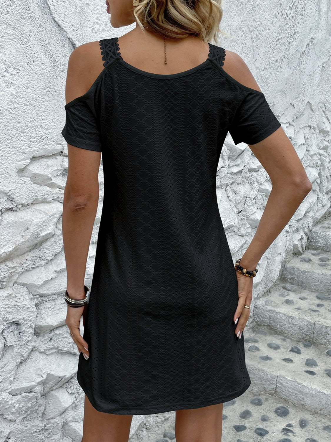 Eyelet V-Neck Cold Shoulder Mini Dress - Taboochic