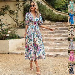 New V-neck Printed Short-sleeved Slim Seaside Maxi Dress