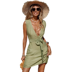 V-neck Sleeveless Waist Banded Beach Blouse Dress