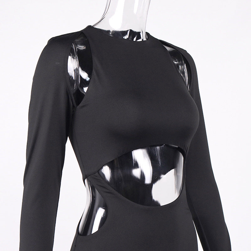 Fashion Solid Color Hollow Out Waist Bag Hip Long Sleeve Dress