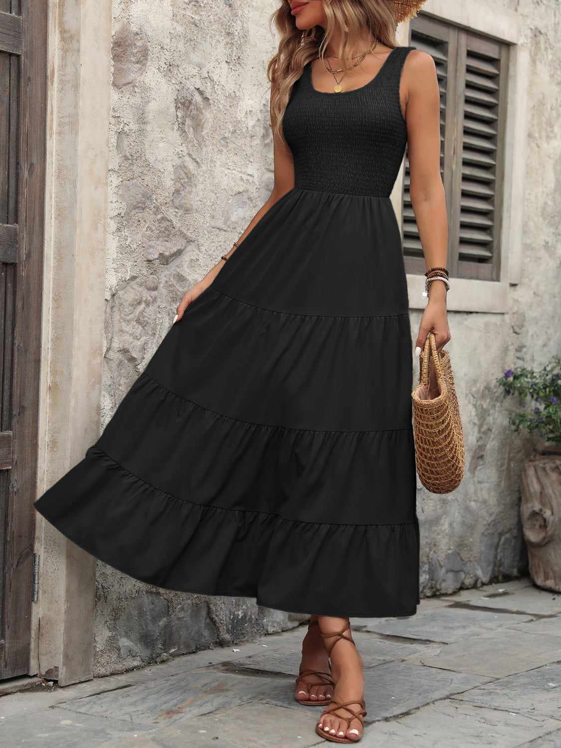 Smocked Scoop Neck Sleeveless Tank Dress - Taboochic