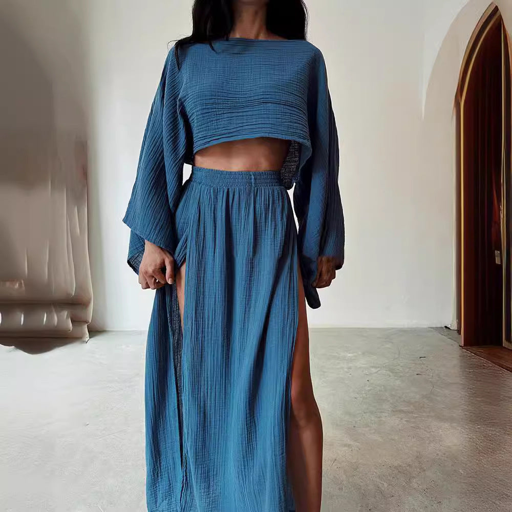 Leisure Vacation Linen Blended Short Cotton And Linen Casual Long Sleeve Two-piece Suit