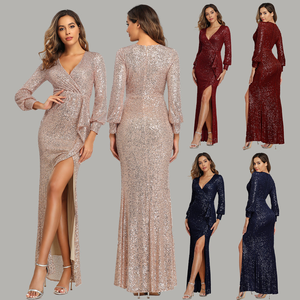 Fantasy Celebrity Sexy High Slit Long Sleeve Sequined Banquet Evening Party Dress