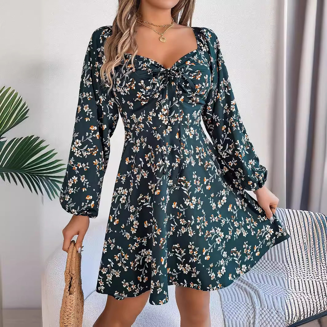 Fashion Floral Print Lantern Square Neck Long Sleeve A-Line Dress