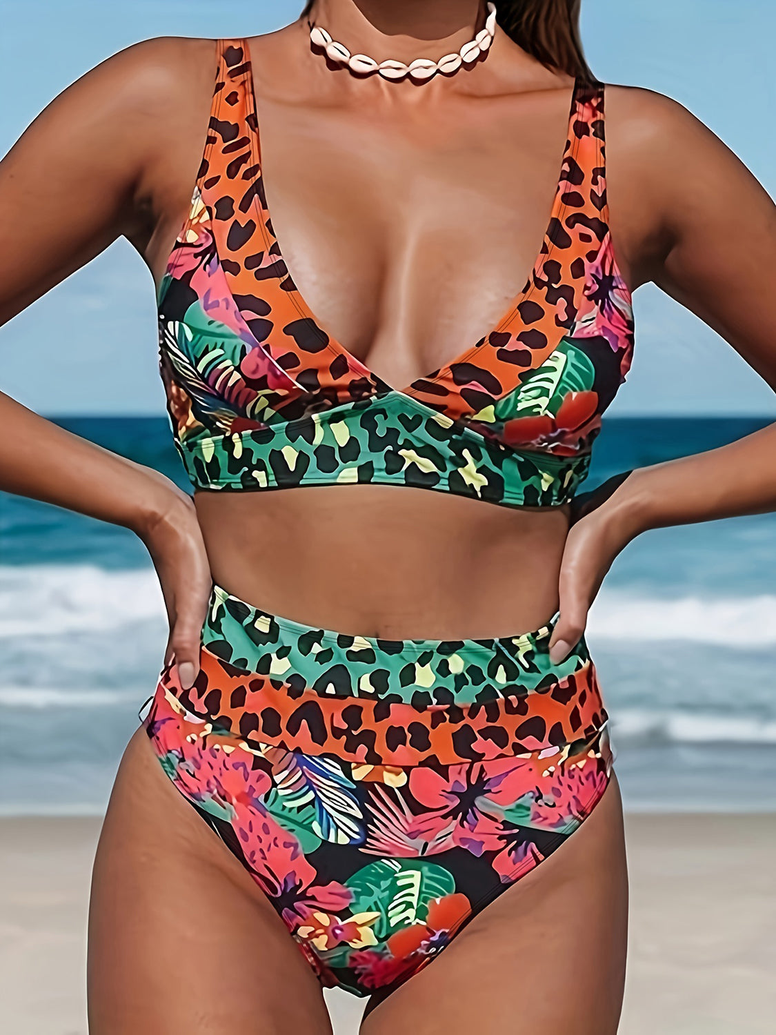 Leopard Plunge Wide Strap Two-Piece Swim Set - Taboochic