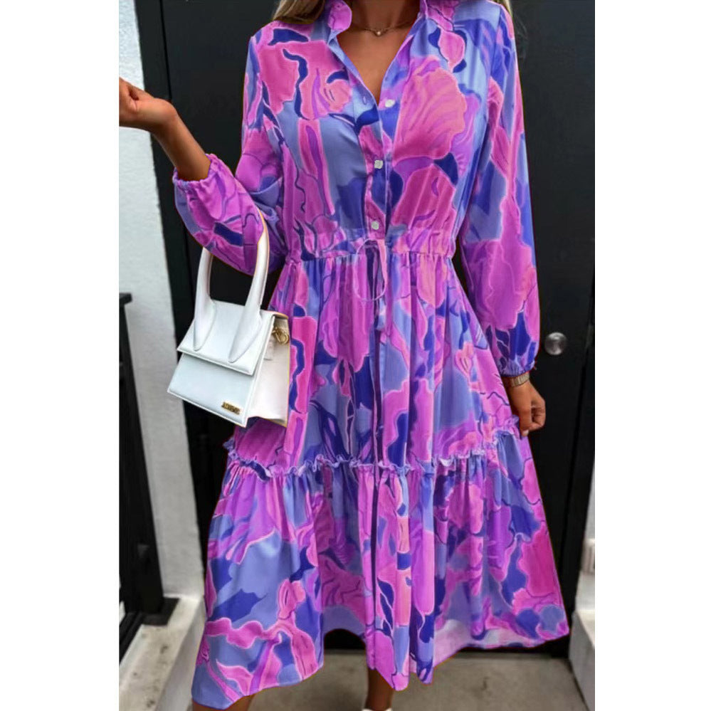 Women's Printing Loose And Stylish Long Sleeves Midi Dress