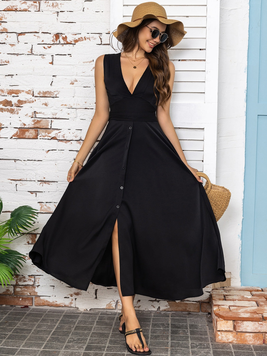 Full Size Slit V-Neck Sleeveless Midi Dress - Taboochic