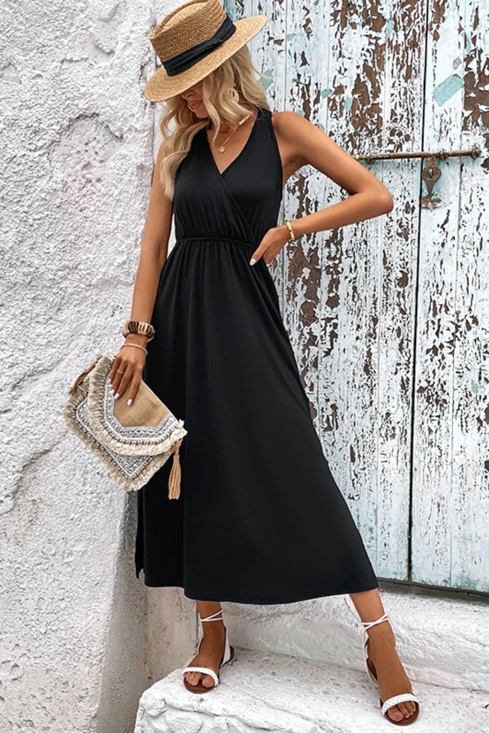 Surplice Neck Slit Sleeveless Dress - Taboochic