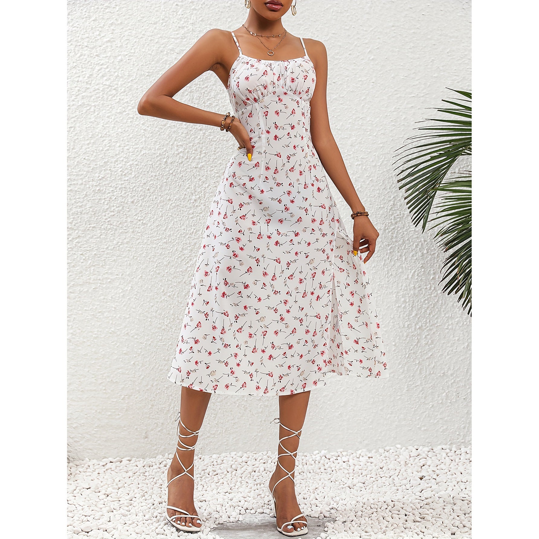 New Polka Dot Print Suspender Strap Midi Dress