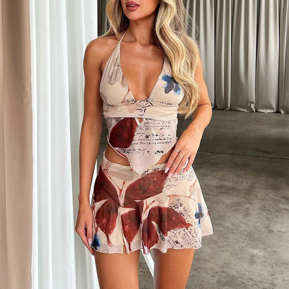 Printed Summer V-neck Halter Pleated Mini Skirt Dress