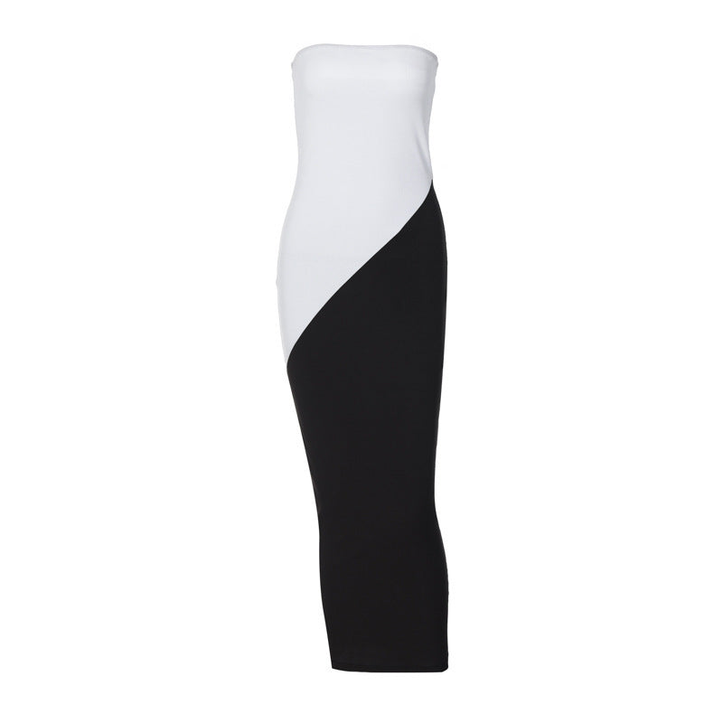 Women's Color Contrast Patchwork Bandeau Slim-fit Off-Shoulder Dress