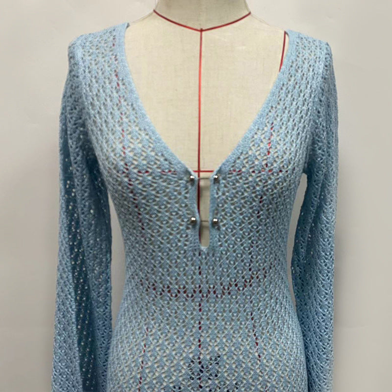 Solid Color Knitted Hollow-out Blouse Sun-proof Long Sleeve Dress