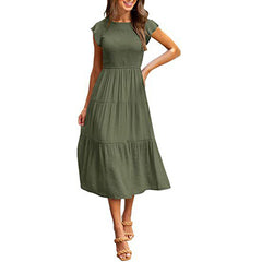 Holiday Style High Waist Ruffled Sleeve A-line Short Sleeve Midi Dress