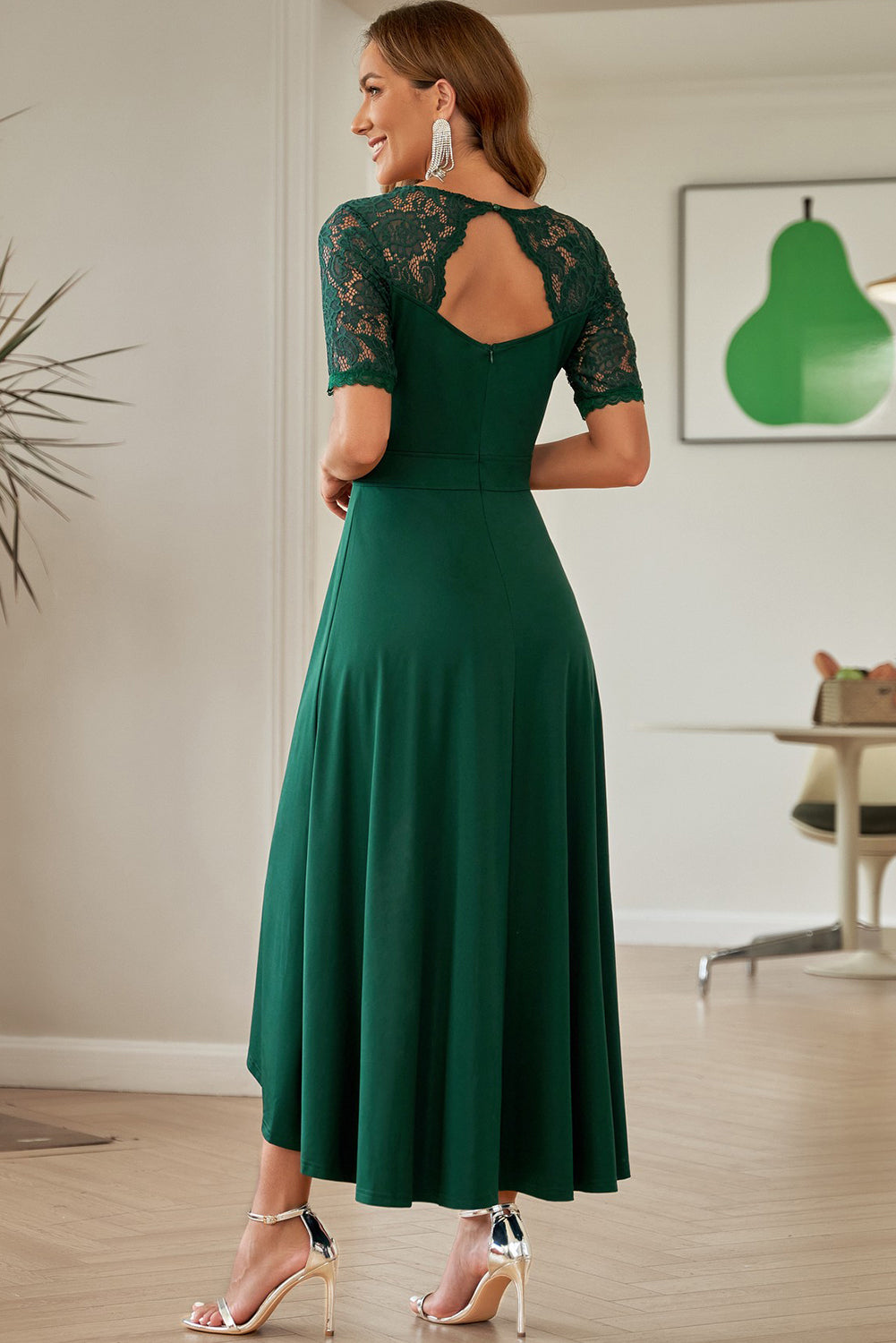 Lace Cutout V-Neck Short Sleeve Dress - Taboochic