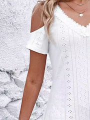 Eyelet V-Neck Cold Shoulder Mini Dress - Taboochic