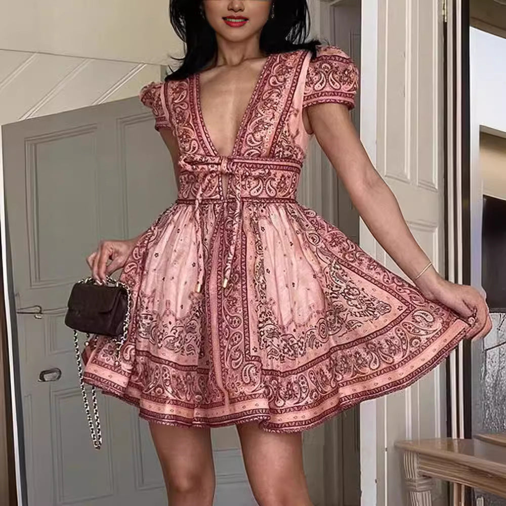 Women's V-neck Printed Short Sleeve Lace-up Mini Dress
