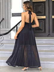 Halter Neck Tie Front Sheer Mesh Dress - Taboochic