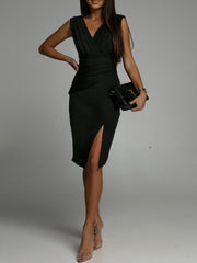 Slit Ruched Surplice Tank Dress - Taboochic