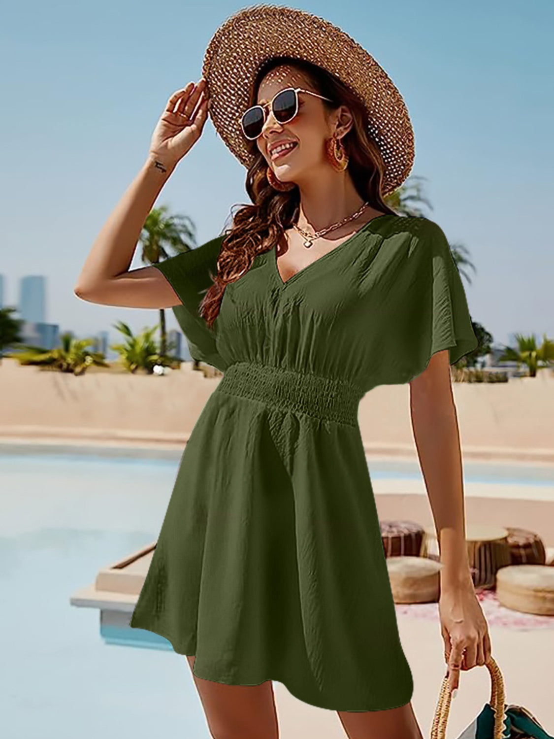 Smocked V-Neck Short Sleeve Dress - Taboochic