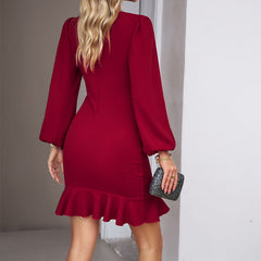 Women's Puff Long Sleeve Fashion Graceful Solid Color Slim Hip-covering Dress