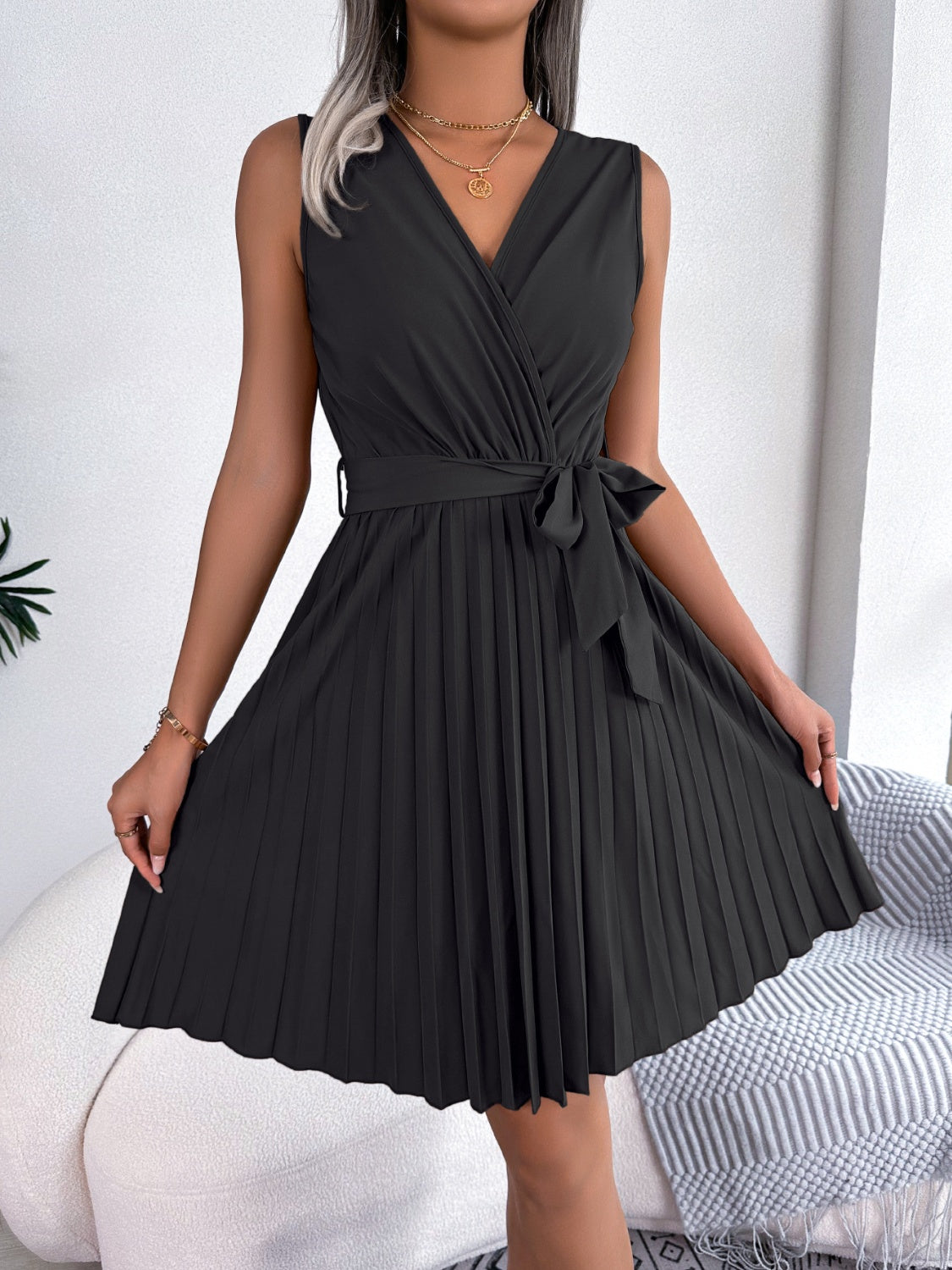 Tied Surplice Sleeveless Pleated Dress - Taboochic