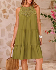 Summer Halterneck A-line With Flower Hollow Lace Design Sleeveless Dress