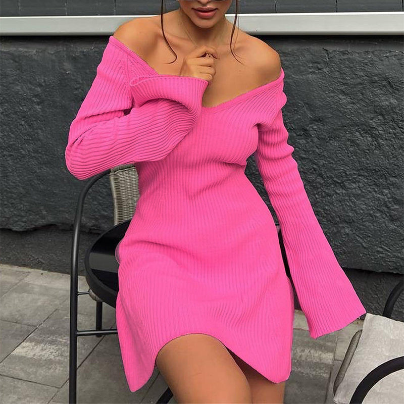 Sexy Slim V-Neck Long Sleeve Knitted Mini Dress