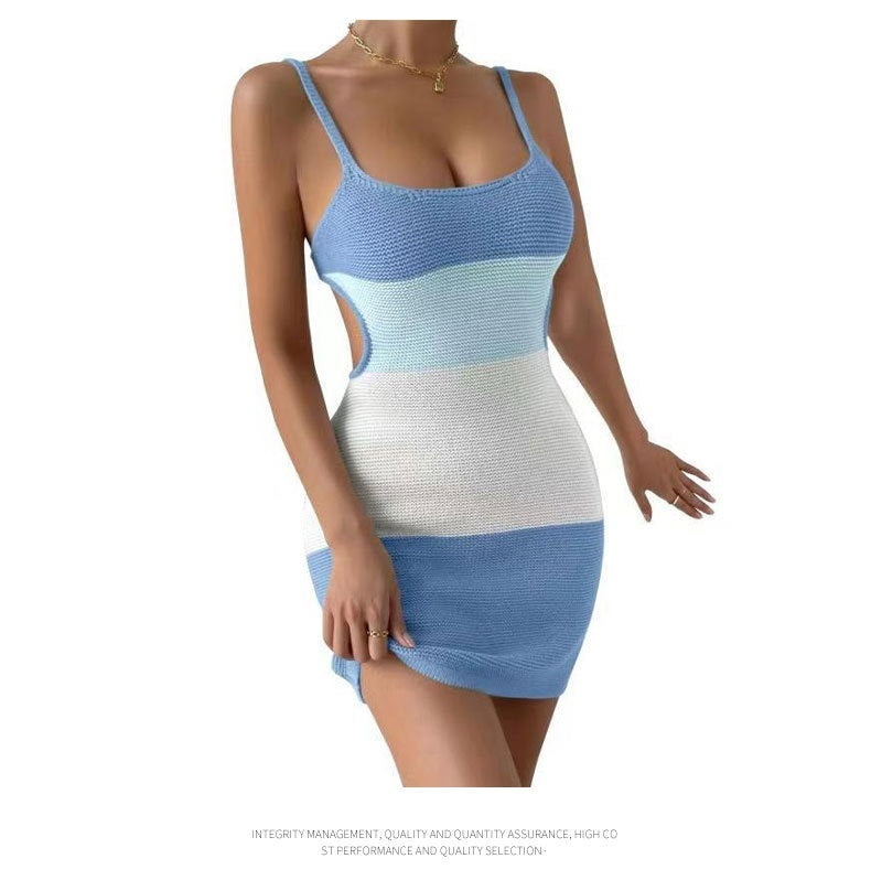 Suspender Stripes Color Matching Backless Lace Up Knitted Wool Strap Dress