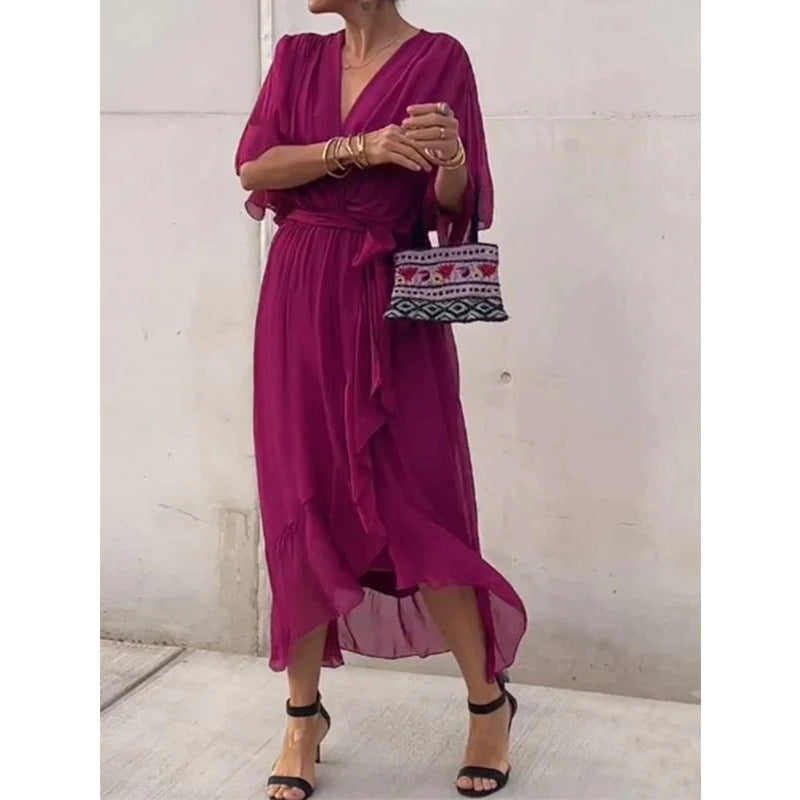 Batwing Sleeve V-neck half sleeve Midi Dress