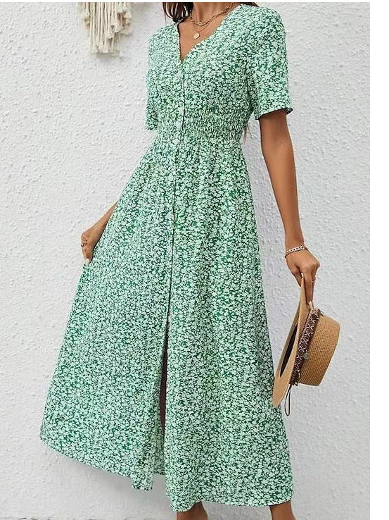 Summer New V-neck Printed Short Sleeve Split Dress