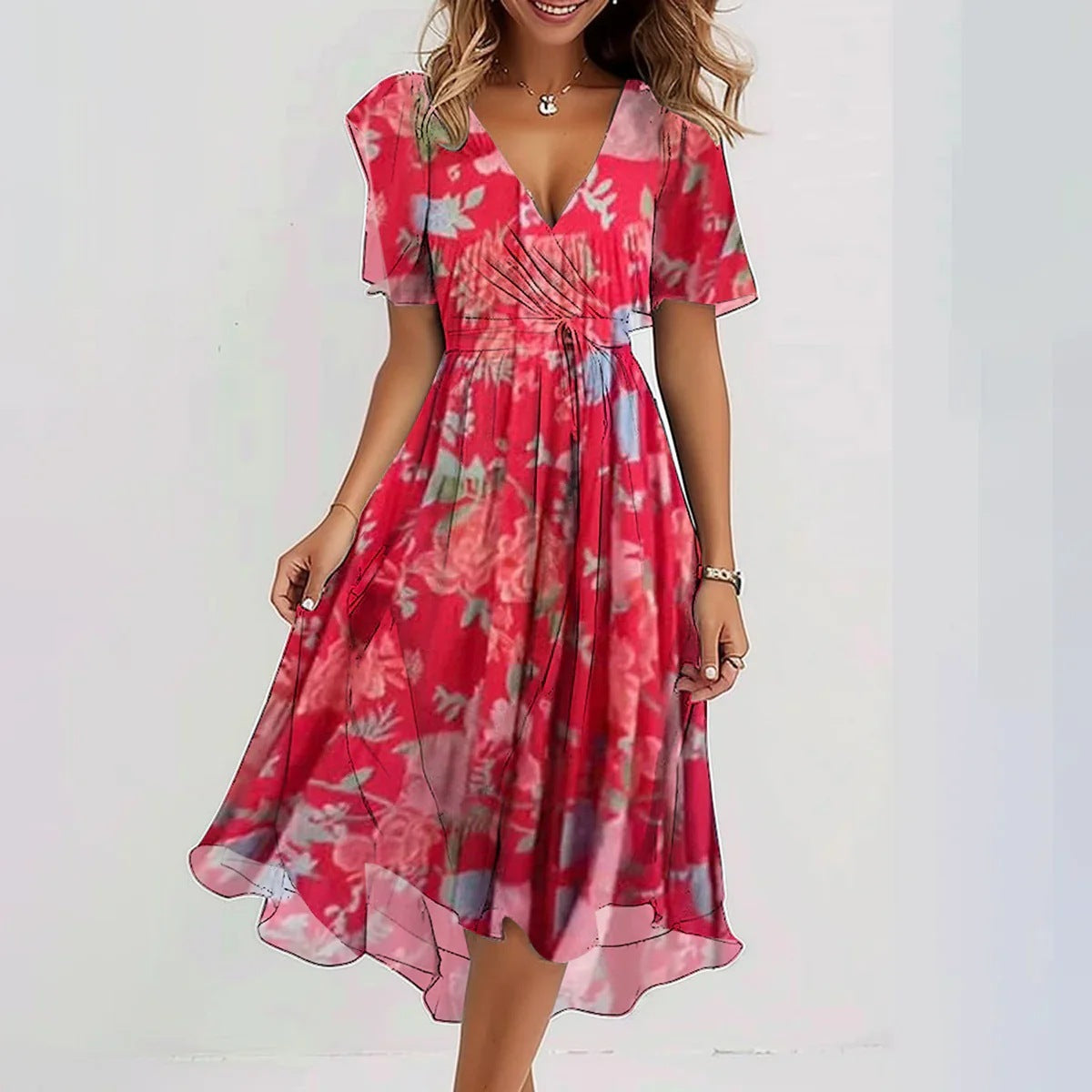 Chiffon Printed Short Sleeve Dress